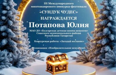 Юлия Потапова, талантливая ученица художественного отделения под руководством преподавателя Надежды Вячеславовны Гришиной, стала обладательницей диплома первой степени престижного международного конкурса детского творчества «Сундук чудес
